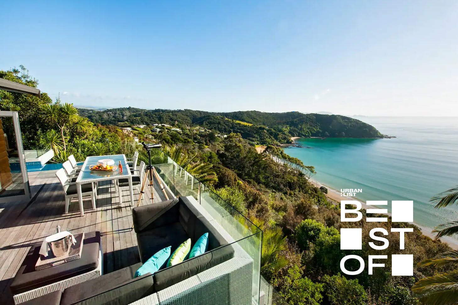 A stunning Airbnb overlooks the sea.